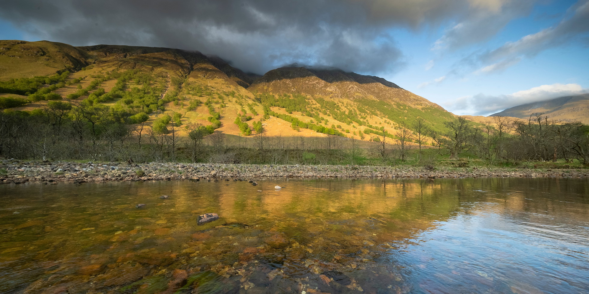 River Nevis and partially wooded lower slopes of Carn Dearg in evening light, Glen Nevis